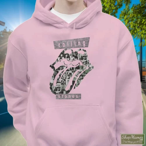 The Rolling Stones Big Logo Streetwear Men’s Hoodie – Light Pink Front View On Dark Wood Background Men's The Rolling Stones Big Logo Streetwear Hoodie In Light Pink, Front View On Dark Wood Background