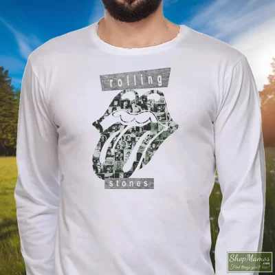 Men's The Rolling Stones Big Logo Streetwear Long Sleeve In White, Front View On Dark Wood Background