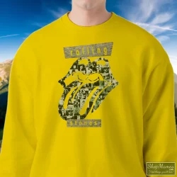 The Rolling Stones Big Logo Streetwear Shirt 6 Men's The Rolling Stones Big Logo Streetwear Sweatshirt In Yellow, Front View On Dark Wood Background