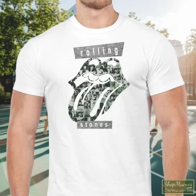Men's The Rolling Stones Big Logo Streetwear T Shirt In White, Front View On Dark Wood Background