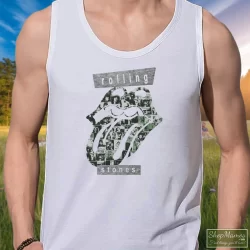 The Rolling Stones Big Logo Streetwear Shirt 5 Men's The Rolling Stones Big Logo Streetwear Tank Top In White, Front View On Dark Wood Background