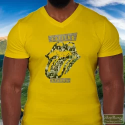 The Rolling Stones Big Logo Streetwear Shirt 3 Men's The Rolling Stones Big Logo Streetwear V Neck In Yellow, Front View On Dark Wood Background