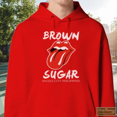 Men's The Rolling Stones Brown Sugar Angels City Philippines Hoodie In Red, Front View On Dark Wood Background