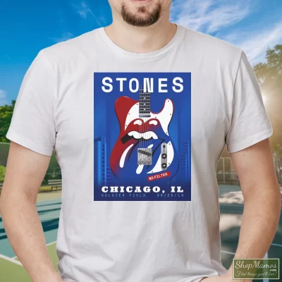 Men's The Rolling Stones Chicago Il June T Shirt In White, Front View On Dark Wood Background