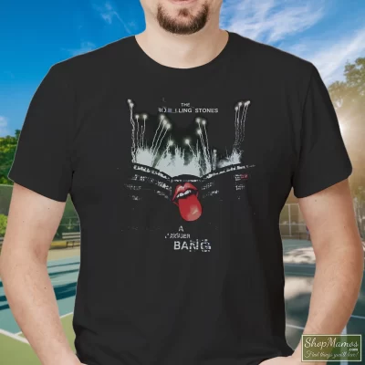 Men's The Rolling Stones Concert 2005 T Shirt In Black, Front View On Light Wood Background