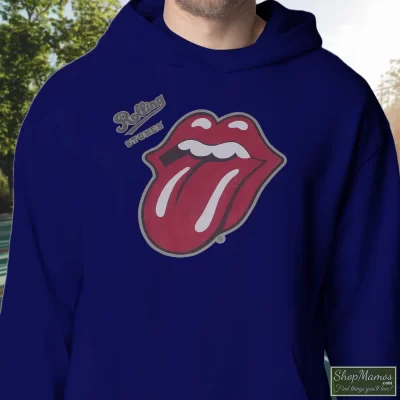 Men's The Rolling Stones English Rock Band Rock Blues Rock And Roll Hoodie In Navy, Front View On Light Wood Background