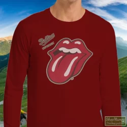 The Rolling Stones English Rock Band Shirt Rock Blues Rock And Roll 7 Men's The Rolling Stones English Rock Band Rock Blues Rock And Roll Long Sleeve In Maroon, Front View On Light Wood Background