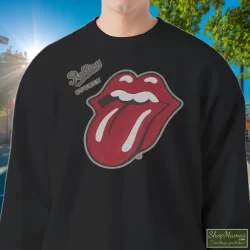 The Rolling Stones English Rock Band Shirt Rock Blues Rock And Roll 4 Men's The Rolling Stones English Rock Band Rock Blues Rock And Roll Sweatshirt In Black, Front View On Light Wood Background