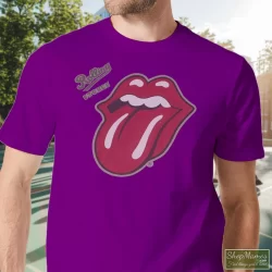 The Rolling Stones English Rock Band Shirt Rock Blues Rock And Roll 8 Men's The Rolling Stones English Rock Band Rock Blues Rock And Roll T Shirt In Purple, Front View On Light Wood Background