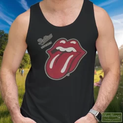 The Rolling Stones English Rock Band Shirt Rock Blues Rock And Roll 11 Men's The Rolling Stones English Rock Band Rock Blues Rock And Roll Tank Top In Black, Front View On Light Wood Background