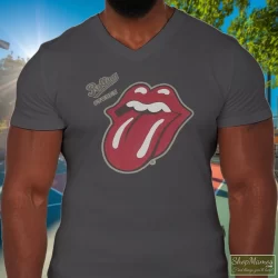 The Rolling Stones English Rock Band Shirt Rock Blues Rock And Roll 5 Men's The Rolling Stones English Rock Band Rock Blues Rock And Roll V Neck In Charcoal, Front View On Dark Wood Background