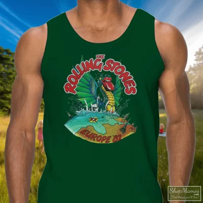 Men's The Rolling Stones Europe Uk Tour 1982 Tank Top In Forest Green, Front View On Light Wood Background