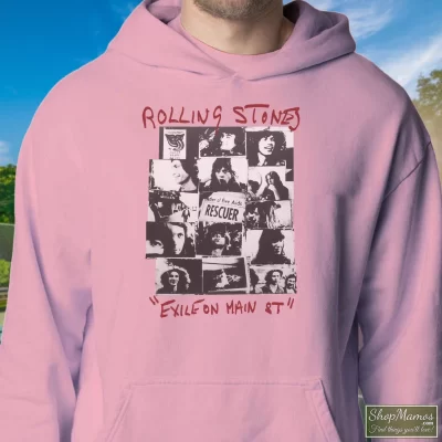 Men's The Rolling Stones Exile On Main St Mick Jagger Keith Richards Rocks Off Hoodie In Light Pink, Front View On Dark Wood Background