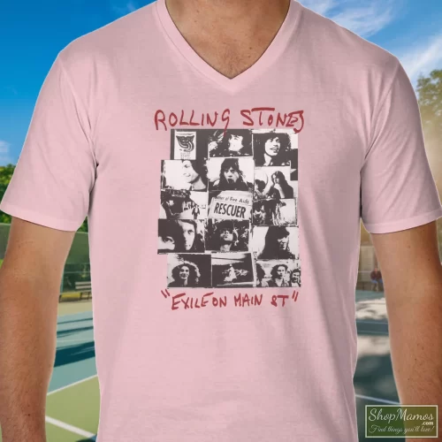 The Rolling Stones Exile On Main St Mick Jagger Keith Richards Rocks Off Men’s V Neck – Light Pink Front View On Dark Wood Background Men's The Rolling Stones Exile On Main St Mick Jagger Keith Richards Rocks Off V Neck In Light Pink, Front View On Dark Wood Background