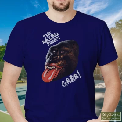 Men's The Rolling Stones Grrr Legends Of Rock T Shirt In Navy, Front View On Light Wood Background