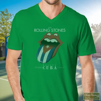 Men's The Rolling Stones Havana Cuba V Neck In Irish Green, Front View On Light Wood Background