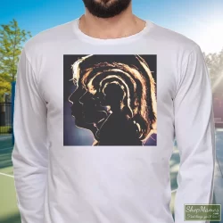 The Rolling Stones Hot Rocks 1964-1971 Shirt 9 Men's The Rolling Stones Hot Rocks 1964 - 1971 Long Sleeve In White, Front View On Dark Wood Background