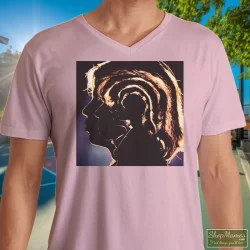 The Rolling Stones Hot Rocks 1964-1971 Shirt 10 Men's The Rolling Stones Hot Rocks 1964 - 1971 V Neck In Light Pink, Front View On Dark Wood Background