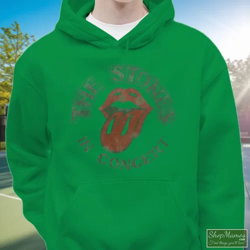 The Rolling Stones In Concert Tongue Logo Tour Men’s Hoodie – Irish Green Front View On Light Wood Background Men's The Rolling Stones In Concert Tongue Logo Tour Hoodie In Irish Green, Front View On Light Wood Background