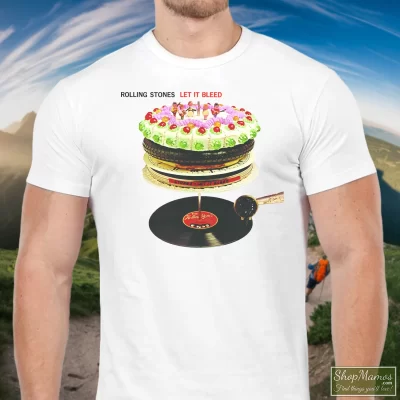 Men's The Rolling Stones Let It Bleed T Shirt In White, Front View On Dark Wood Background