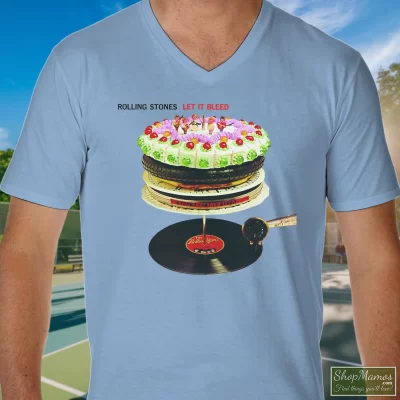 Men's The Rolling Stones Let It Bleed V Neck In Light Blue, Front View On Dark Wood Background