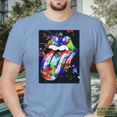 Men's The Rolling Stones Logo Grunge T Shirt In Light Blue, Front View On Dark Wood Background