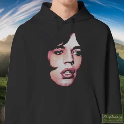 The Rolling Stones Mick Jagger Performance Face Shirt 2 Men's The Rolling Stones Mick Jagger Performance Face Hoodie In Black, Front View On Light Wood Background