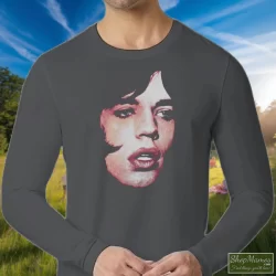 The Rolling Stones Mick Jagger Performance Face Shirt 4 Men's The Rolling Stones Mick Jagger Performance Face Long Sleeve In Charcoal, Front View On Dark Wood Background