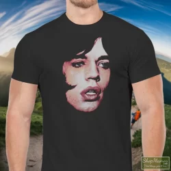 Men's The Rolling Stones Mick Jagger Performance Face T Shirt In Black, Front View On Light Wood Background