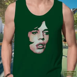 The Rolling Stones Mick Jagger Performance Face Shirt 9 Men's The Rolling Stones Mick Jagger Performance Face Tank Top In Forest Green, Front View On Light Wood Background