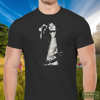 Men's The Rolling Stones Mick Jagger T Shirt In Black, Front View On Light Wood Background