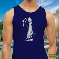 The Rolling Stones Mick Jagger Shirt 7 Men's The Rolling Stones Mick Jagger Tank Top In Navy, Front View On Light Wood Background