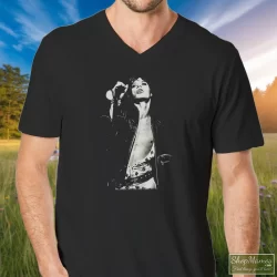 The Rolling Stones Mick Jagger Shirt 8 Men's The Rolling Stones Mick Jagger V Neck In Black, Front View On Light Wood Background