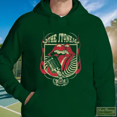 Men's The Rolling Stones Micro Tongue Lips Hoodie In Forest Green, Front View On Light Wood Background