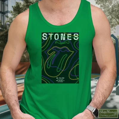 Men's The Rolling Stones No Filter New Orleans La 2019 Us Tour Tank Top In Irish Green, Front View On Light Wood Background