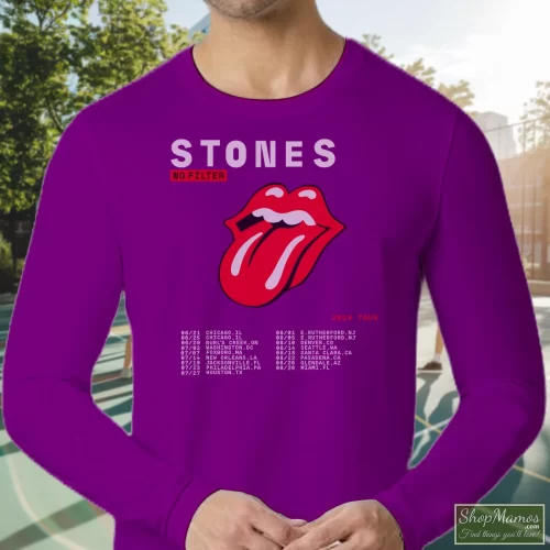 The Rolling Stones No Filter Tour 2019 Men’s Long Sleeve – Purple Front View On Light Wood Background Men's The Rolling Stones No Filter Tour 2019 Long Sleeve In Purple, Front View On Light Wood Background