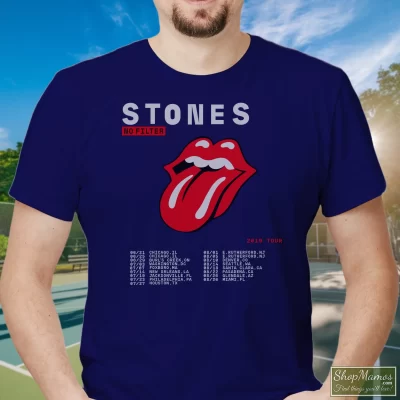 Men's The Rolling Stones No Filter Tour 2019 T Shirt In Navy, Front View On Light Wood Background