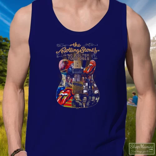 The Rolling Stones No Filter Tour 2019 Men’s Tank Top – Navy Front View On Light Wood Background Men's The Rolling Stones No Filter Tour 2019 Tank Top In Navy, Front View On Light Wood Background