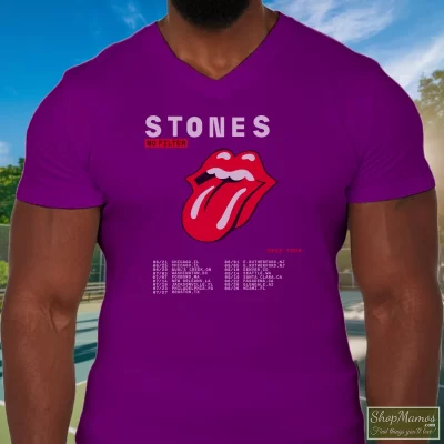 Men's The Rolling Stones No Filter Tour 2019 V Neck In Purple, Front View On Light Wood Background