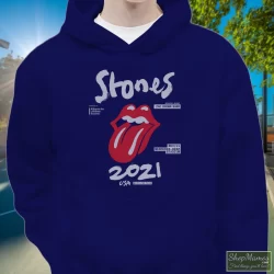 The Rolling Stones No Filter Tour 2021 North America Shirt 4 Men's The Rolling Stones No Filter Tour 2021 North America Hoodie In Navy, Front View On Light Wood Background