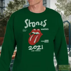 The Rolling Stones No Filter Tour 2021 North America Shirt 1 Men's The Rolling Stones No Filter Tour 2021 North America Sweatshirt In Forest Green, Front View On Light Wood Background