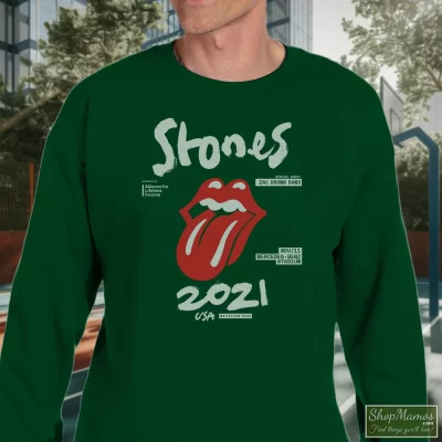 Men's The Rolling Stones No Filter Tour 2021 North America Sweatshirt In Forest Green, Front View On Light Wood Background