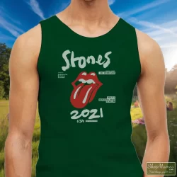 The Rolling Stones No Filter Tour 2021 North America Shirt 2 Men's The Rolling Stones No Filter Tour 2021 North America Tank Top In Forest Green, Front View On Light Wood Background