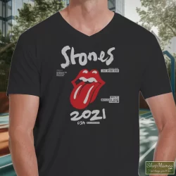 The Rolling Stones No Filter Tour 2021 North America Shirt 10 Men's The Rolling Stones No Filter Tour 2021 North America V Neck In Black, Front View On Light Wood Background
