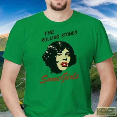 Men's The Rolling Stones Some Girls T Shirt In Irish Green, Front View On Light Wood Background