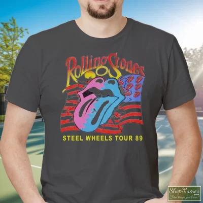 Men's The Rolling Stones Steel Wheels Tour 89 T Shirt In Charcoal, Front View On Dark Wood Background