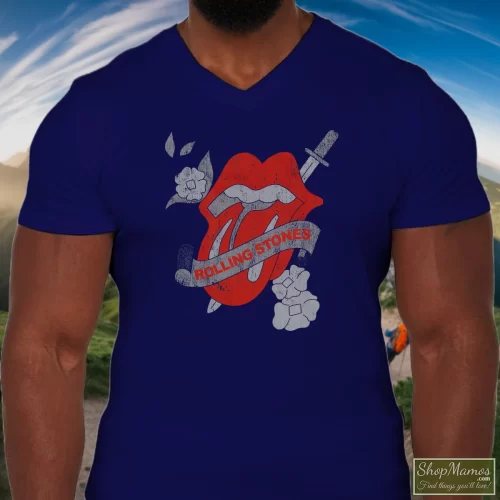 The Rolling Stones Tattoo Men’s V Neck – Navy Front View On Light Wood Background Men's The Rolling Stones Tattoo V Neck In Navy, Front View On Light Wood Background