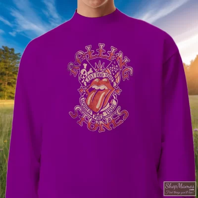 Men's The Rolling Stones Tattoo You 1981 World Tour Sweatshirt In Purple, Front View On Light Wood Background