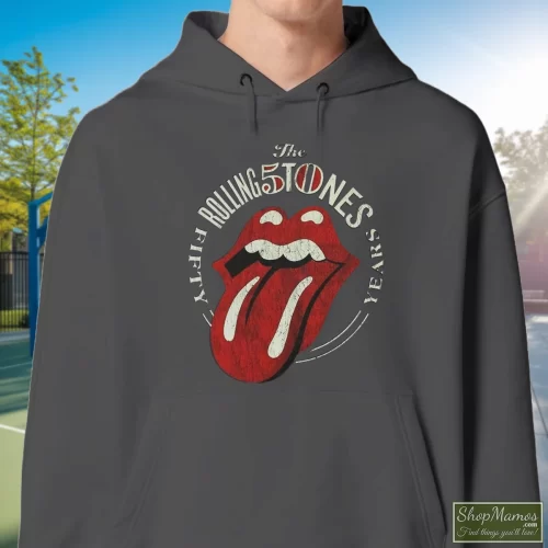 The Rolling Stones Tongue 50th Anniversary Men’s Hoodie – Charcoal Front View On Dark Wood Background Men's The Rolling Stones Tongue 50th Anniversary Hoodie In Charcoal, Front View On Dark Wood Background