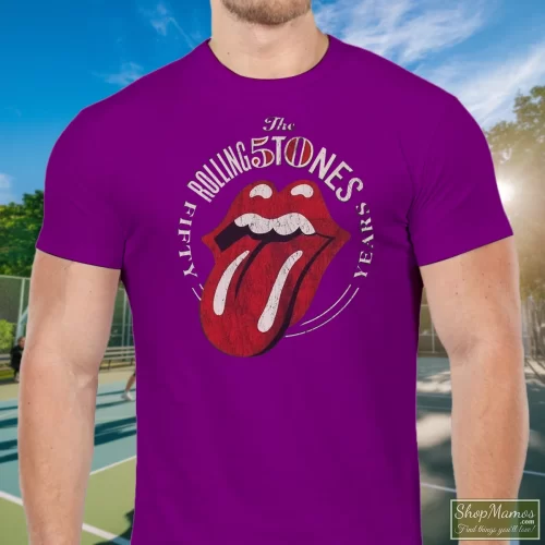 The Rolling Stones Tongue 50th Anniversary Men’s T Shirt – Purple Front View On Light Wood Background Men's The Rolling Stones Tongue 50th Anniversary T Shirt In Purple, Front View On Light Wood Background
